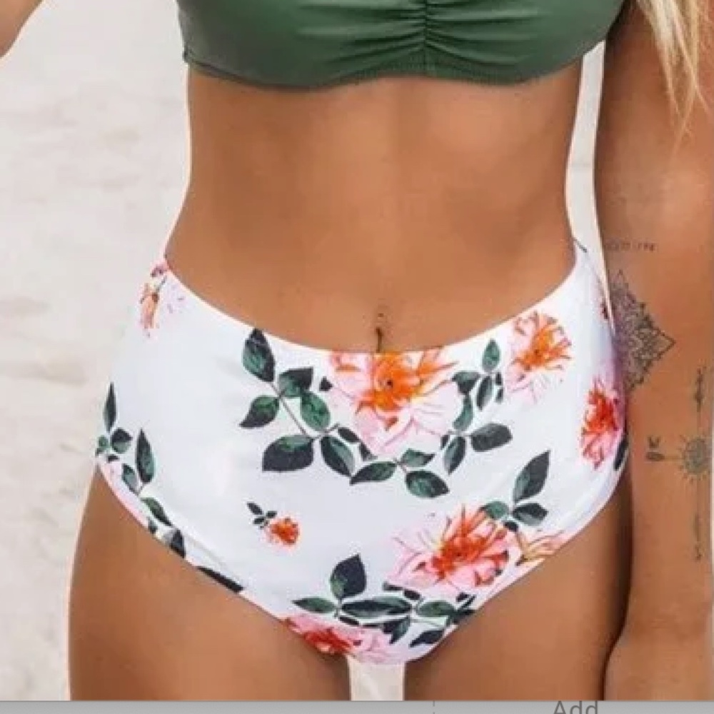 CUPSHE NWT Green White Floral Print High Waisted Bikini Bottom, Sz S